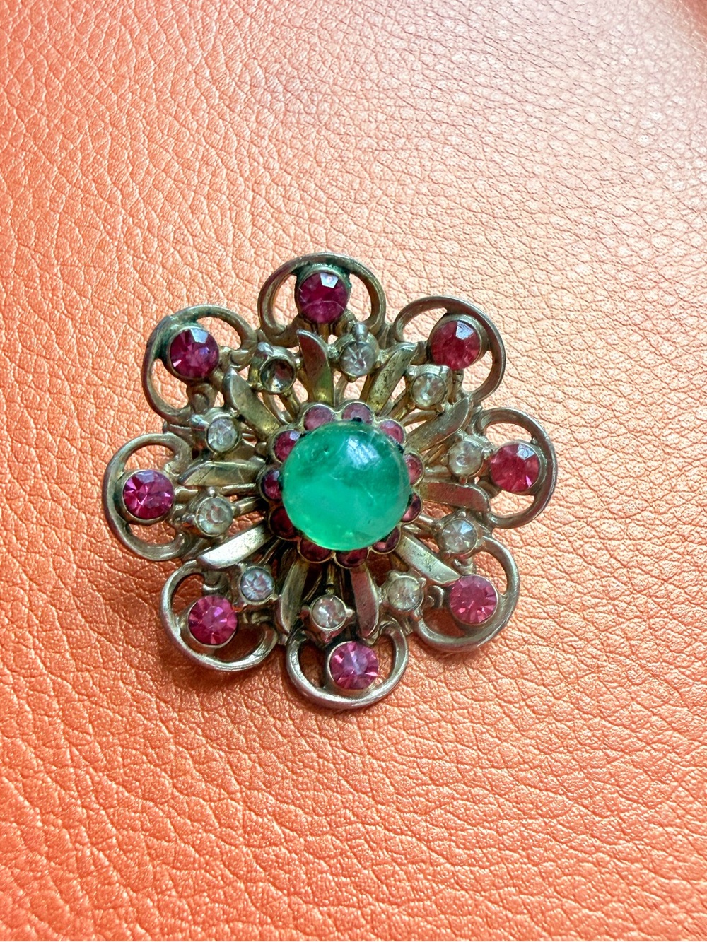 Antique  Floral Green and Pink Statement Brooch - Unbranded